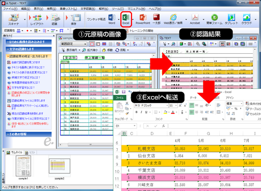 OCRソフト「e.Typist v.15.0」でのExcel転送イメージ